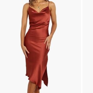 Petal And Pup Cyprus Slip Cocktail Midi Dress 12 Rust Asymmetrical Feminine